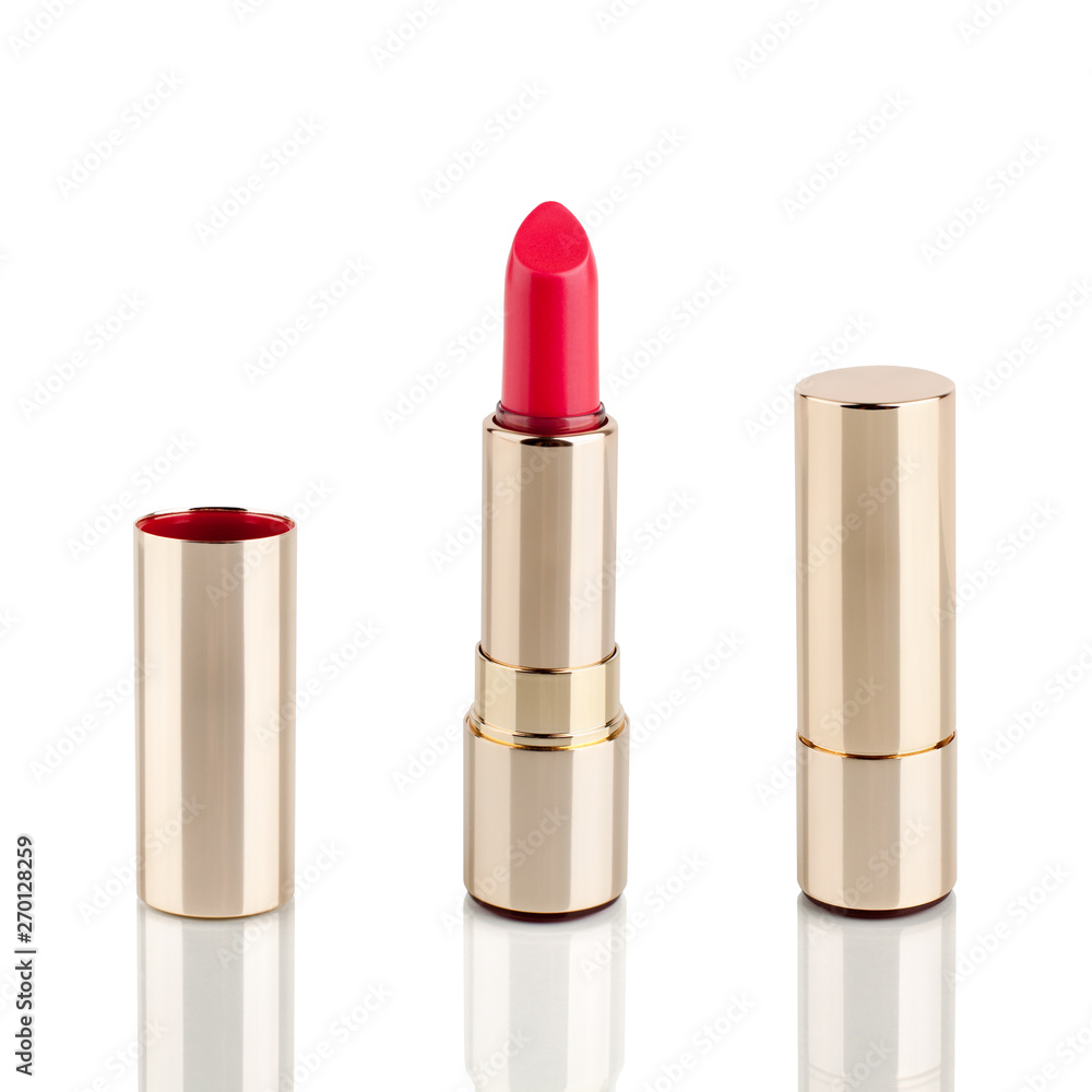 Red lipstick in golden tube on white background with mirror reflection on glass surface isolated close up, shiny gold lipstick package, open and closed lipsticks box, luxury cosmetic accessory set Red lipstick in golden tube on white background with mirror reflection on glass surface isolated close up, shiny gold lipstick package, open and closed lipsticks box, luxury cosmetic accessory set