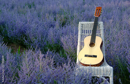 Six string guitar on white wicker chair in purple Russian Sage field