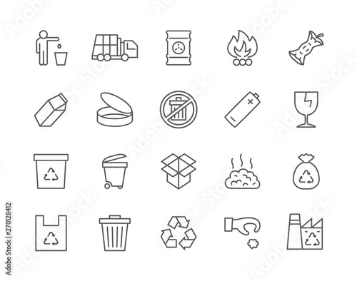 Set of Garbage Line Icons. Waste Factory, Trash Truck, Container and more.