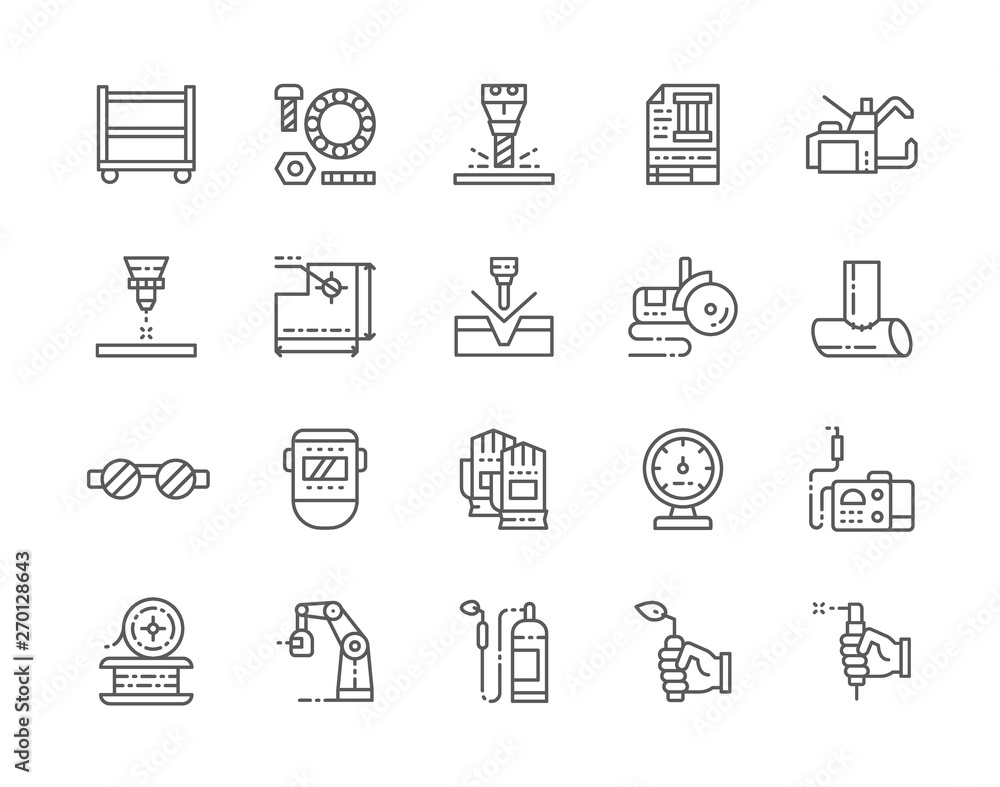 Set of Welding Line Icons. Spot Machine, Washers, Bolts, Blowtorch and more. Set of Welding Line Icons. Spot Machine, Washers, Bolts, Blowtorch and more.