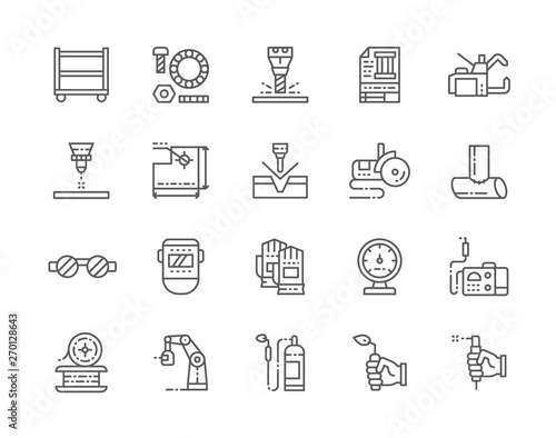 Set of Welding Line Icons. Spot Machine, Washers, Bolts, Blowtorch and more.
