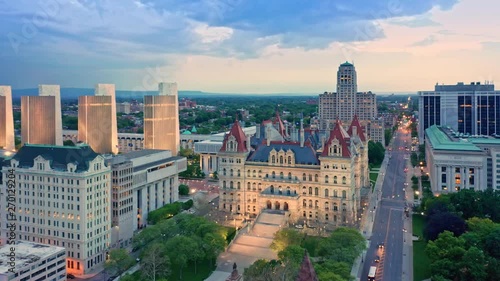 Drone footage of Albany, New York downtown at dusk, with pull back camera motion. Albany is the capital city of the U.S. state of New York and the county seat of Albany County photo