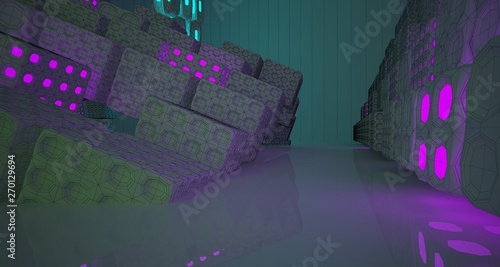 Abstract white Drawing Futuristic Sci-Fi interior With Colored Glowing Neon Tubes . 3D illustration and rendering.