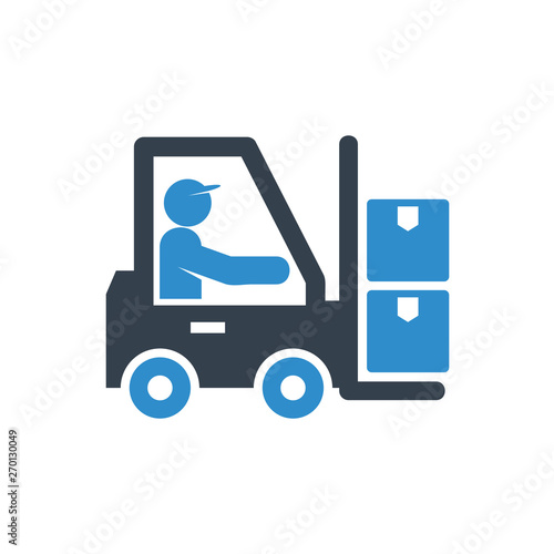 man driving forklift truck icon on white background