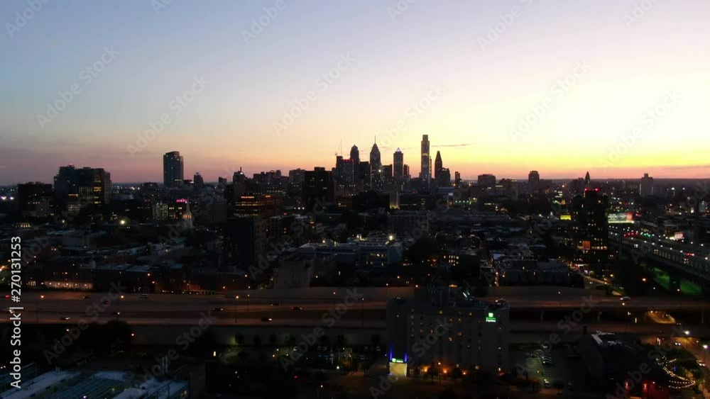 Flying up to reveal sunset over Philadelphia Skyline Flying up to reveal sunset over Philadelphia Skyline