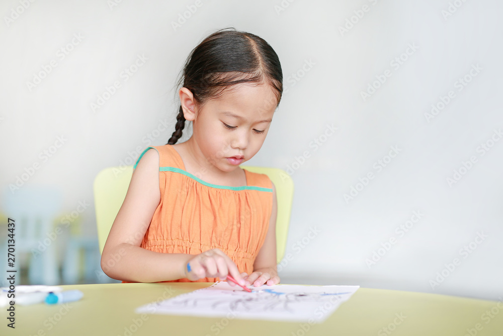 Adorable little Asian girl drawing and painting with water color on paper in children room Adorable little Asian girl drawing and painting with water color on paper in children room