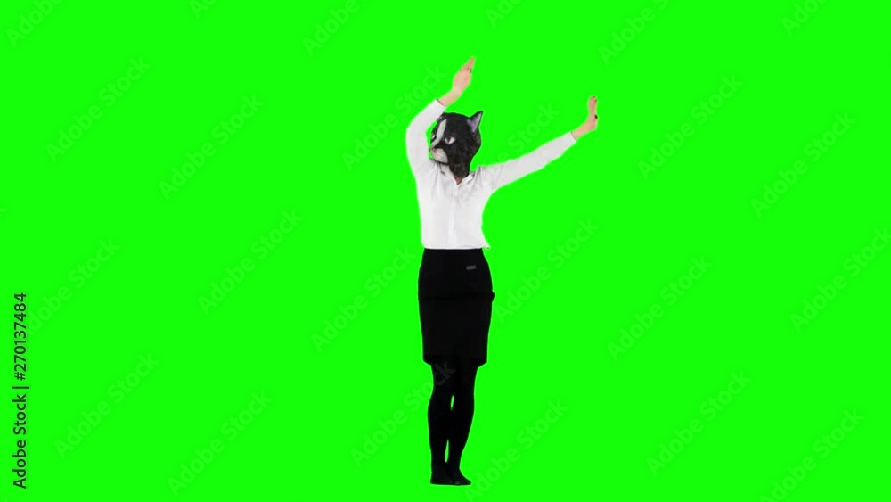 Ridiculous Business Girl Dancing Funny Wearing a Cat Head Latex Mask Ridiculous Business Girl Dancing Funny Wearing a Cat Head Latex Mask
