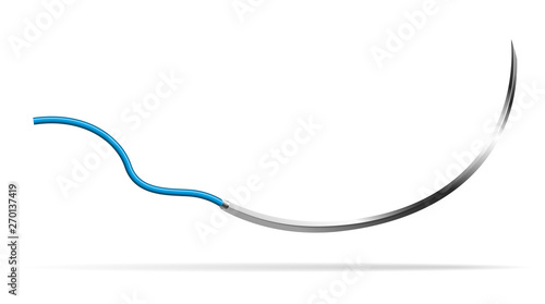 Surgical cutting needle with a trihedral cross-sectional shape with a curvature of 3 8 of a circle, atraumatic with attached suture material. Used for stitching tight fabrics and leather. Vector