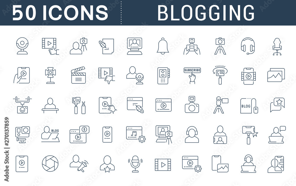 Set Vector Line Icons of Blogging - obrazy, fototapety, plakaty 