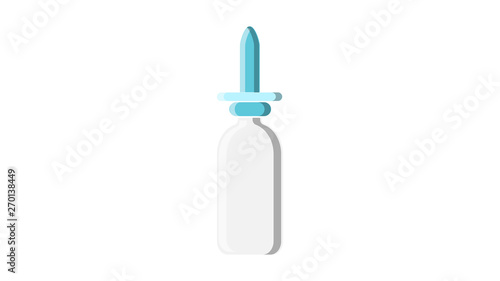 Beautiful medical blue nasal spray dispenser with drops of medicine for the treatment of rhinitis pharmaceutical on a white background. Vector illustration