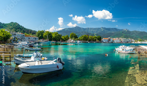Panoramic View on Limenas Thasou, capital and main port of Thassos island, Greece