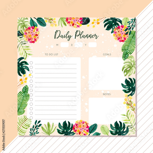daily planner with tropical plant watercolor background