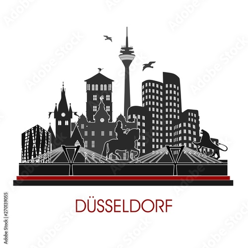 Düsseldorf-Skyline - Deutschland-Stadt, Schattenbildvektorillustration mit weißem Hintergrund - Stadtbild für Reise, Stadtrundfahrt - grafische Illustration für Tourismuskonzept, Website, Fahne
