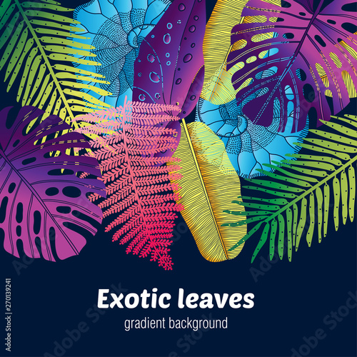 Tropical leaves.Gradient background. Trendy summer card.