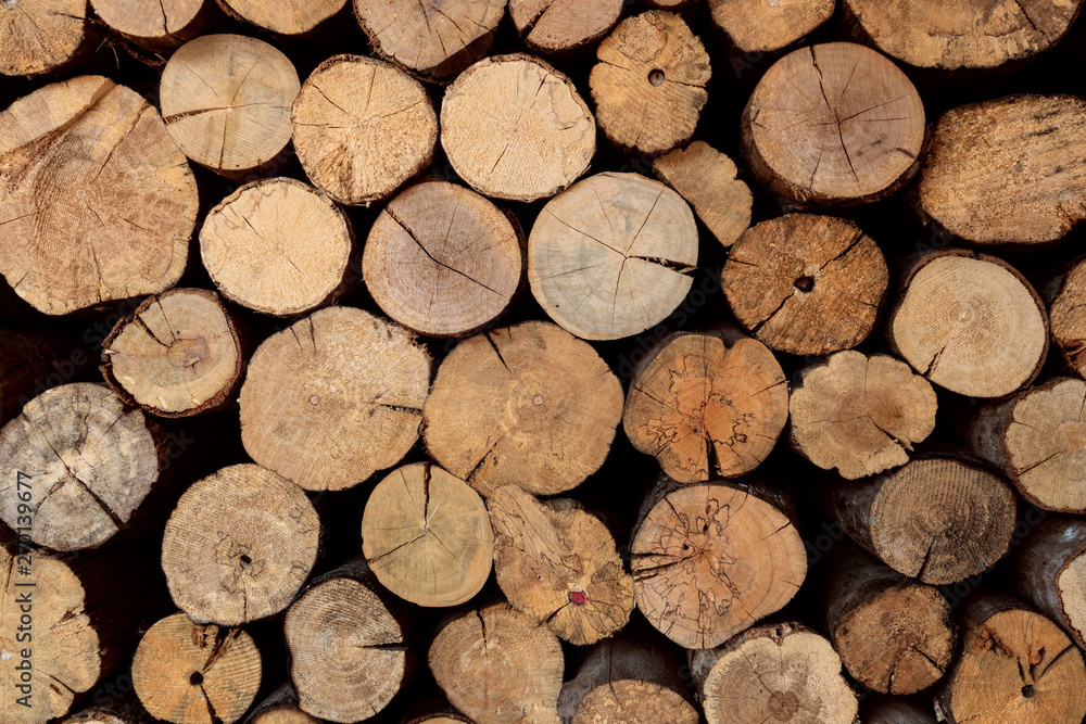 The firewood stack is arranged in a wall background The firewood stack is arranged in a wall background