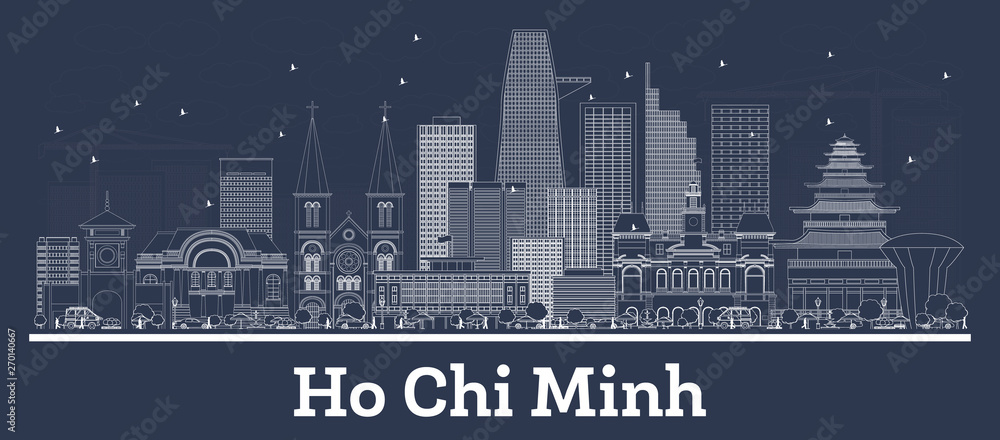 Outline Ho Chi Minh Vietnam City Skyline with White Buildings.