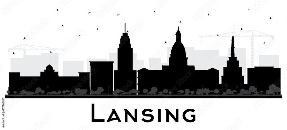 Lansing Michigan City Skyline Silhouette with Black Buildings Isolated on White.