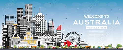 Welcome to Australia Skyline with Gray Buildings and Blue Sky.