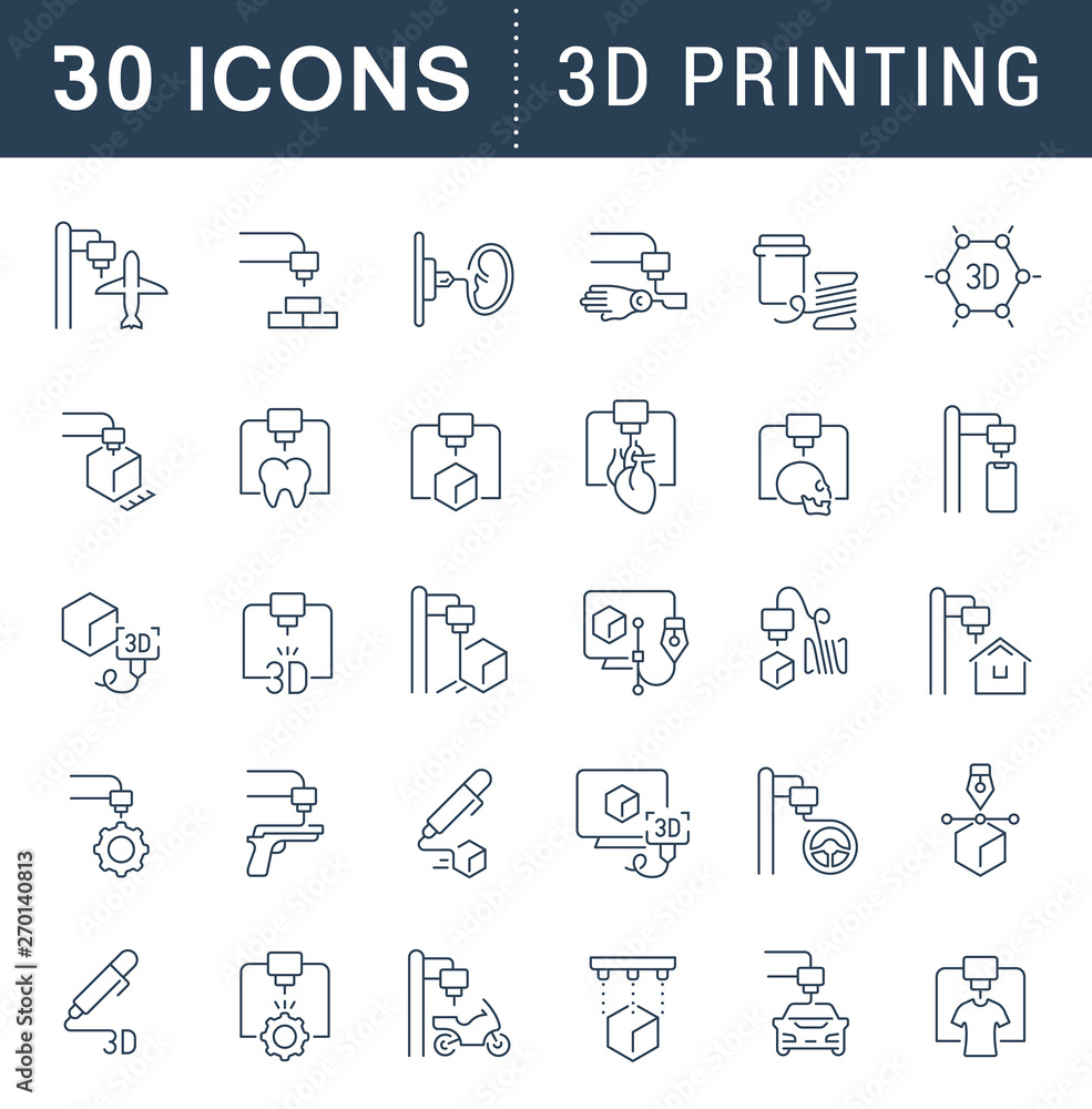 Fototapeta premium Set Vector Line Icons of 3D Printing