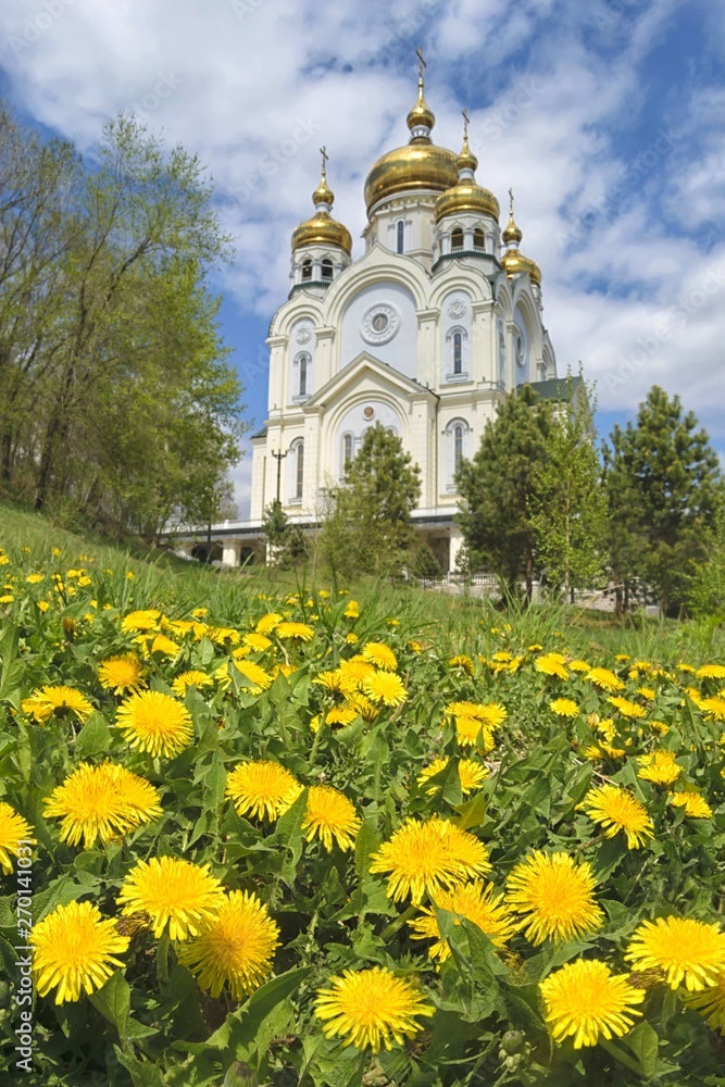 Sun festival. Springtime in Khabarovsk. Transfiguration Cathedral. Far East, Russia. Sun festival. Springtime in Khabarovsk. Transfiguration Cathedral. Far East, Russia.