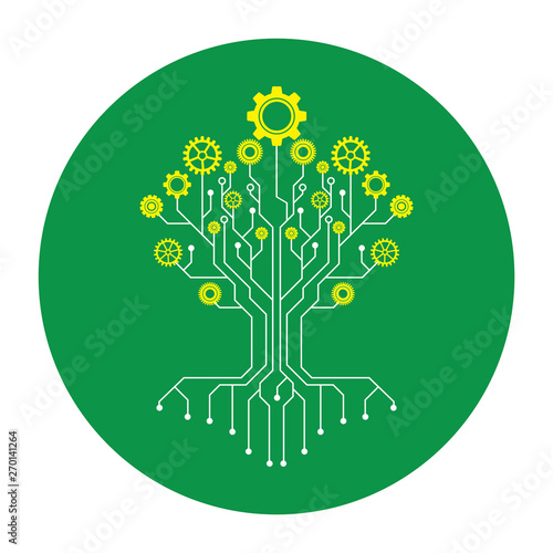 Technology tree stylized as an electronic circuit and yellow cog on green circle,Flower made of gear wheels. A vector illustration