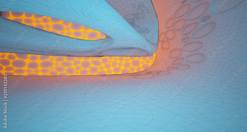 Obraz premium Abstract white Drawing Futuristic Sci-Fi interior With Orange And Blue Glowing Neon Tubes . 3D illustration and rendering.