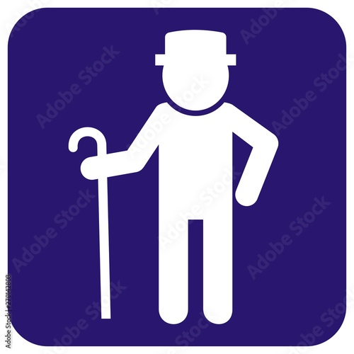 Senior, white silhouette of old man on blue background at frame, vector icon. Male with walking stick. Standing man with hat.