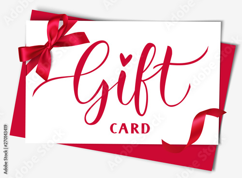 Decorative white gift card design template with red bow and ribbon. Vector illustration