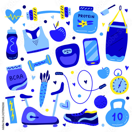 Set of doodle blue gym and fitness icons isolated on white background.