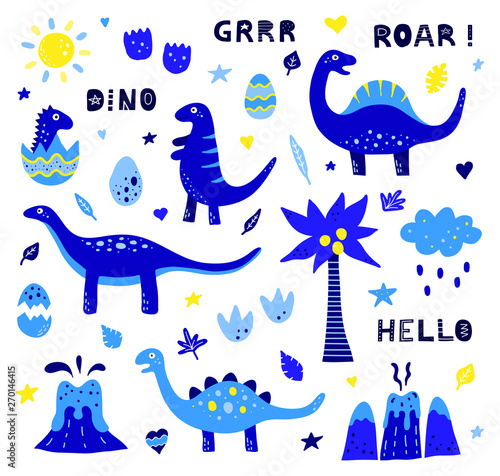 Set of doodle dinosaurs and other icons in scandnavian style isolated on white background.