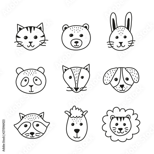Set of cute doodle animal faces in scandinavian style isolated on white background.