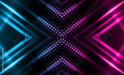 Dark abstract futuristic background. Neon lines  glow. Neon lines  shapes. Pink and blue glow
