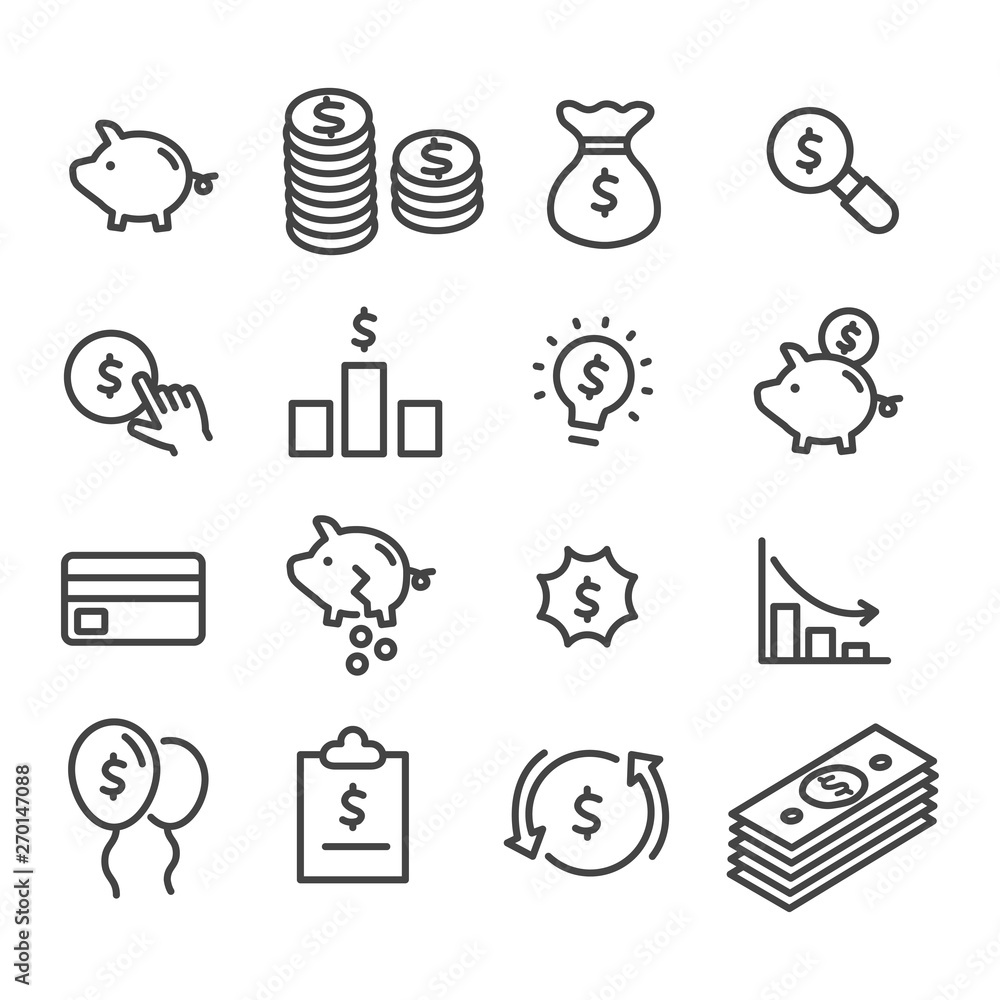 Set of money sign. Marketing, stack of money, business analysis concept outline icon isolated on white background Set of money sign. Marketing, stack of money, business analysis concept outline icon isolated on white background