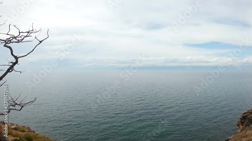 Girl sitting on a tree on the shore of lake Baikal. Aerial shot