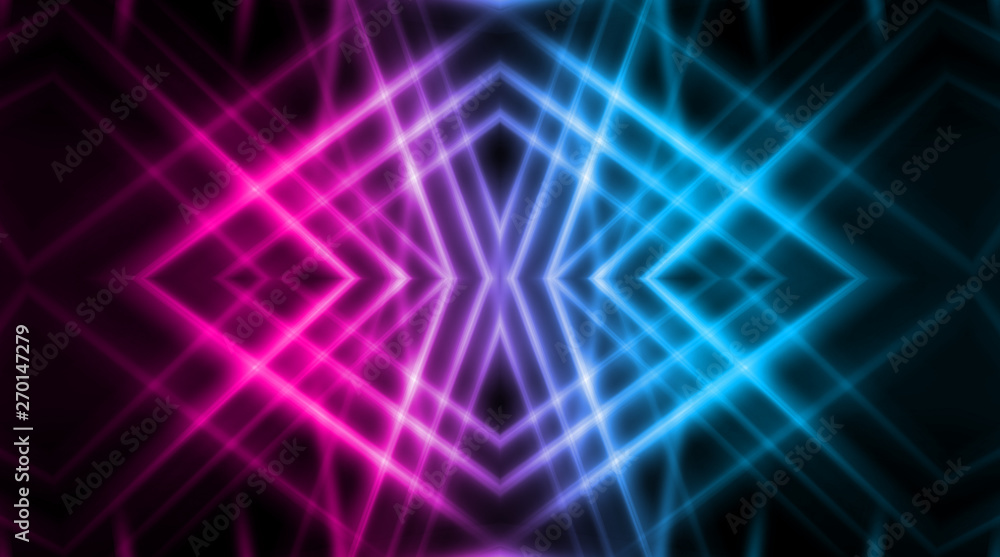 Dark abstract futuristic background. Neon lines, glow. Neon lines, shapes. Pink and blue glow