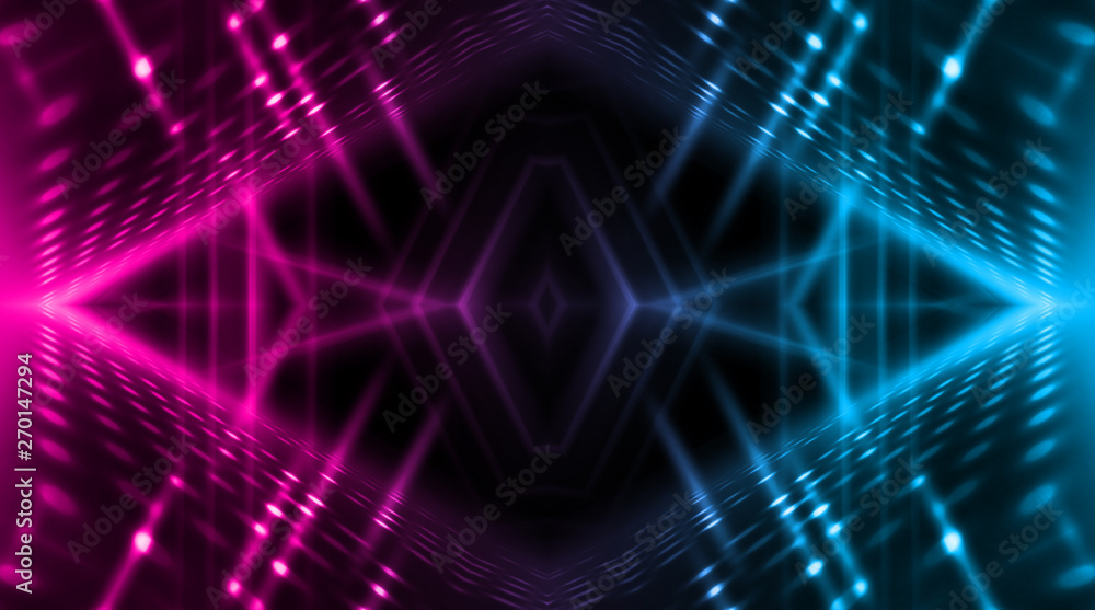 Dark abstract futuristic background. Neon lines, glow. Neon lines, shapes. Pink and blue glow