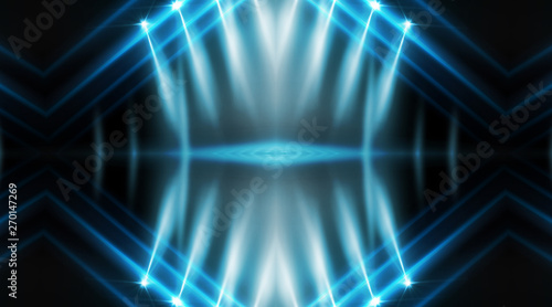 Background of empty stage show. Neon light and laser show. Laser futuristic shapes on a dark background. Abstract dark background with neon glow