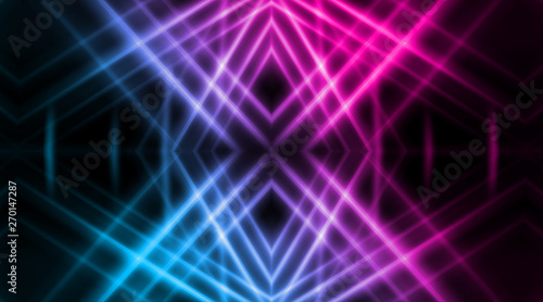 Dark abstract futuristic background. Neon lines, glow. Neon lines, shapes. Pink and blue glow