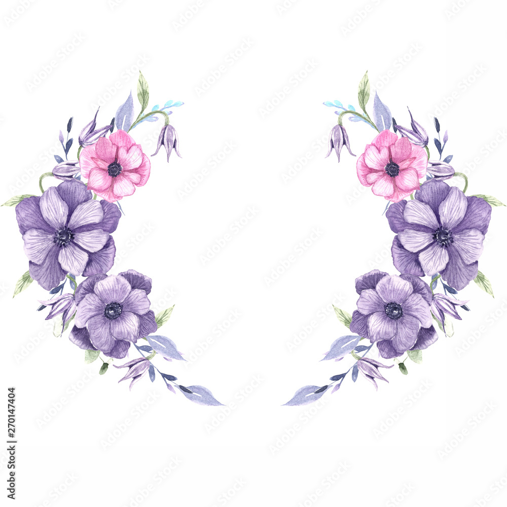 a wreath of watercolor anemones, purple flowers in the shape of a wreath, delicate flowers with veins, a frame for text