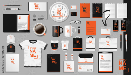 Corporate Branding identity template design. Modern Realistic colorful Business Stationery mockup. Stationery and uniform, paper pack, Coffee, package for your brand. Vector illustration