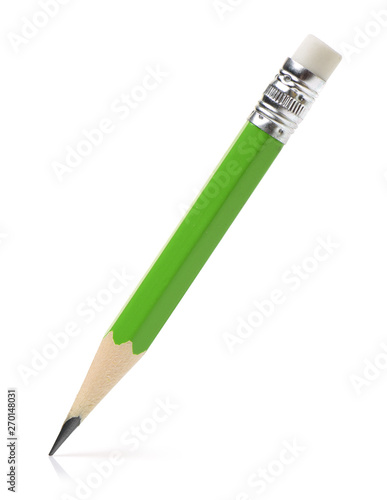 Photography Green pencil with eraser on a white background