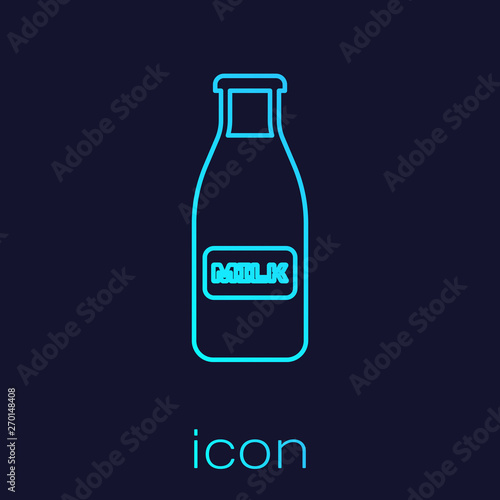 Turquoise Closed glass bottle with milk and cap line icon isolated on blue background. Vector Illustration