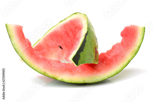 Watermelon slice eaten, isolated over white background
