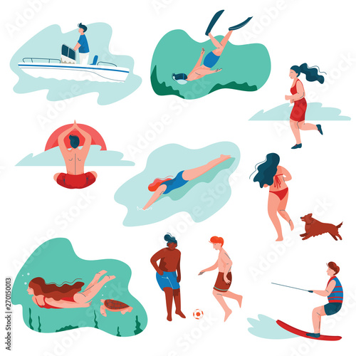 People Relaxing at Summer Vacation Set, Young Man and Woman Surfing, Swimming, Diving, Playing Soccer, Doing Sports, Summer Outdoors Activities Vector Illustration