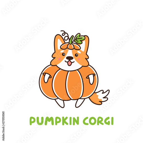 Cute dog breed welsh corgi in a holiday costume pumpkin. It can be used for sticker, patch, card, phone case, poster, t-shirt, mug etc.