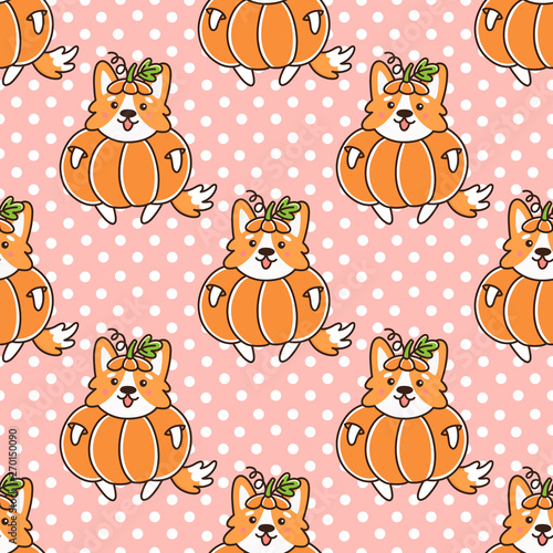 Seamless pattern with dog welsh corgi, in pumpkin, on a pink background with white dots. Excellent design for packaging, wrapping paper, textile, clothes and etc.
