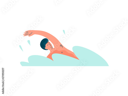 Man Swimming in the Sea, Guy Relaxing at Summer Vacation, Summer Outdoors Activities Vector Illustration