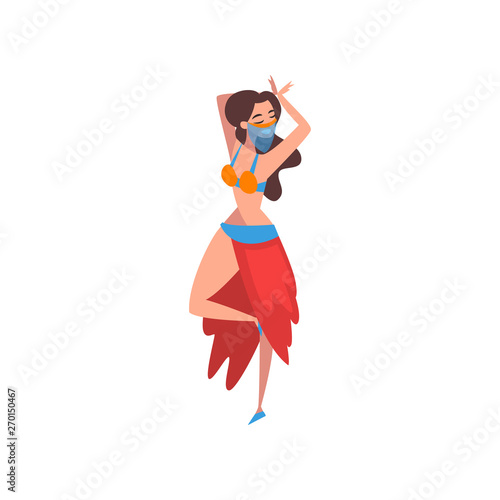 Beautiful Graceful Girl Dancing Belly Dance, Oriental Indian or Arabic Dancer Character in Traditional Costume and Veil Vector Illustration