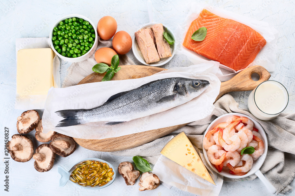 Foods rich in natural vitamin D. Top view, flat lay Foods rich in natural vitamin D. Top view, flat lay