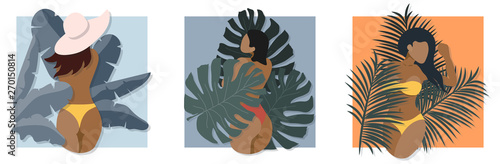 Beautiful sexy girl in summer exotic tropic leaves